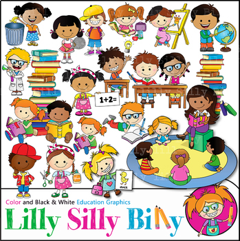 Preview of School Day. Clipart. BLACK AND WHITE & Color illustrations. {Lilly Silly Billy}