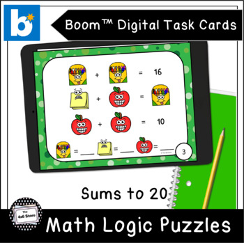 Preview of School Emojis Math Logic Puzzles Sums to 20 Digital Task Cards Boom Learning
