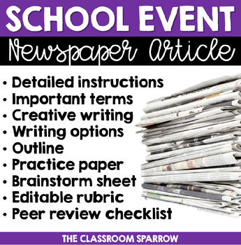 Preview of School Event Newspaper Article (peer review, template, & editable rubric!)
