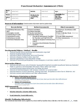 Preview of School Functional Behavior Assessment (FBA) Report Template