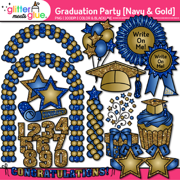 Preview of School Graduation Party Clipart Images: Blue & Gold Cap Balloons Transparent PNG