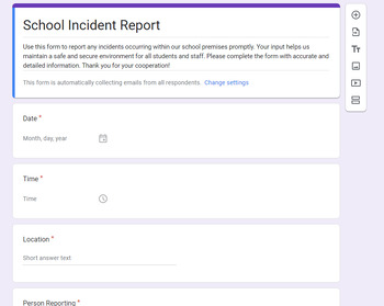 Preview of School Incident Report- General