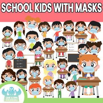 Preview of School Kids with Face Masks Clipart (Lime and Kiwi Designs)