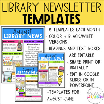 Preview of School Library Monthly Newsletter Templates | Print and Digital