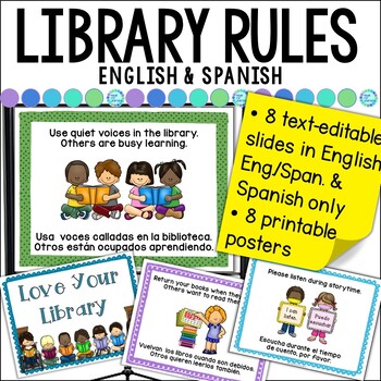 Preview of School Library Rules PowerPoint Lesson with Posters in English & Spanish