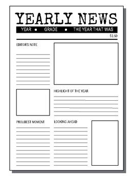 Preview of School Newspaper Style End-of-Year Reflection Worksheet (Black and White)