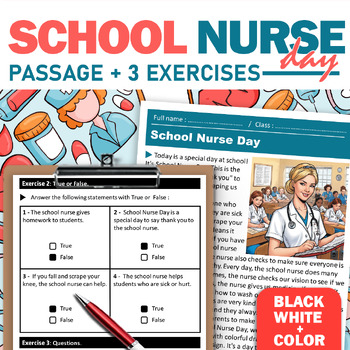 Preview of School Nurse Day Reading Comprehension in both Black/white and Color 1-2 grade