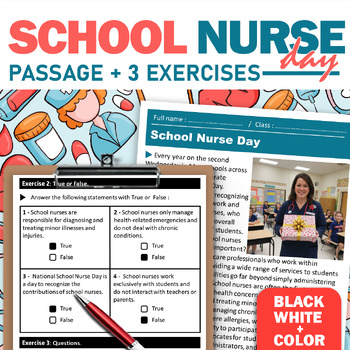 Preview of School Nurse Day Reading Comprehension in both Black/white and Color 11-12 grade