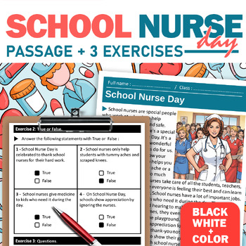 Preview of School Nurse Day Reading Comprehension in both Black/white and Color 3-4 grade