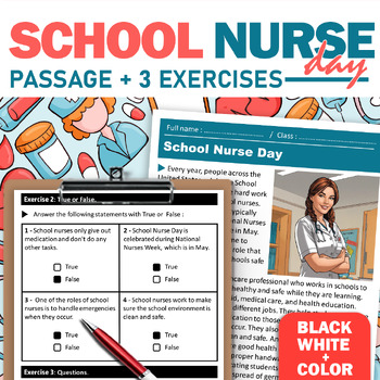 Preview of School Nurse Day Reading Comprehension in both Black/white and Color 5-6 grade