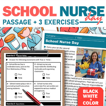 Preview of School Nurse Day Reading Comprehension in both Black/white and Color 7-8 grade