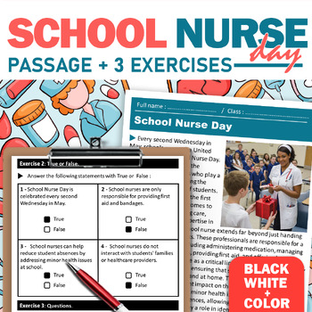 Preview of School Nurse Day Reading Comprehension in both Black/white and Color 9-10 grade