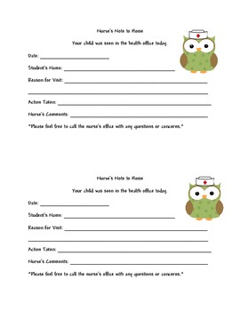 Preview of School Nurse Pass, Notes to Home, Notes for Nurse Owl Theme