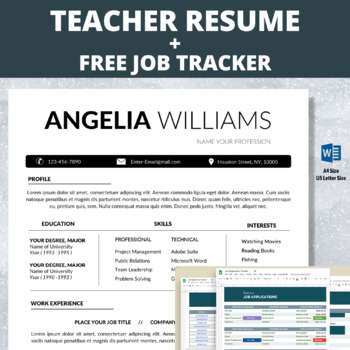 Preview of School Resume Teacher, Cover Letter Word, Teacher Resume Template + Job Tracker