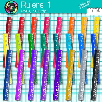 Preview of School Ruler Clipart: 25 Simple Rainbow Math Measurement Clip Art PNG B&W
