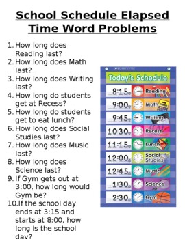 Preview of School Schedule Elapsed Time Word Problems