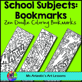 Preview of School Subjects Coloring Bookmarks, Zen Doodles.