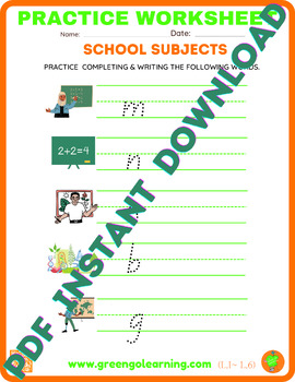 Preview of School Subjects / PRACTICE WORKSHEET / Level I / Lesson 6 - (easy to check task)