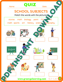 Preview of School Subjects / QUIZ / Level I/ Lesson 6 - (easy to check assessment)