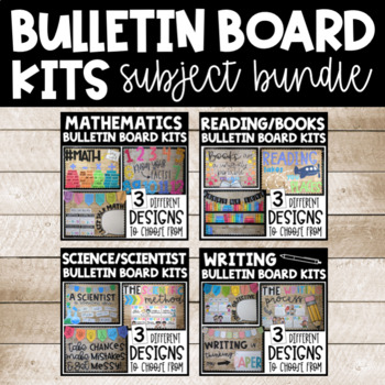 Preview of School Subjects (math, reading, writing, science) Bulletin Board Kits BUNDLE