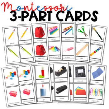 School Supplies 3 Part Cards - 1+1+1=1