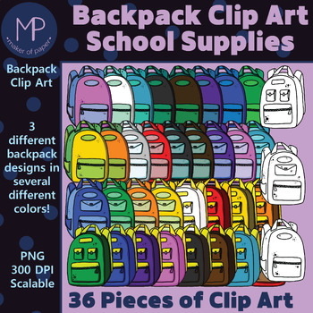 School Supplies: Backpack Clip Art Multicolored and Outline Version