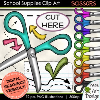School Supplies Clip Art, Scissors Open & Closed, Hand-drawn Design Elements