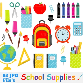 Preview of School Supplies Clipart, Back to School, NOTEBOOKS, PENCILS, COLORED PENCILS,...