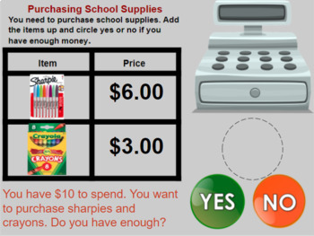 Preview of School Supplies-Do I have enough, Making a purchase and Making Change