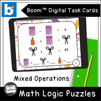 Preview of School Supplies Math Logic Puzzles Mixed Operation Digital Task Cards Boom