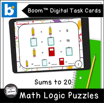 Preview of School Supplies Math Logic Puzzles Sums to 20 Digital Task Cards Boom Learning