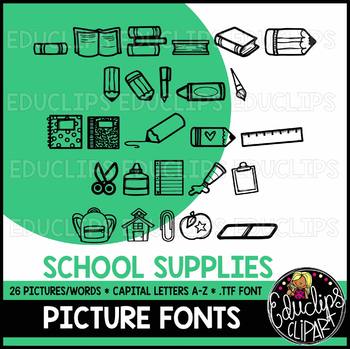 Preview of School Supplies Picture Font {Educlips Clipart}
