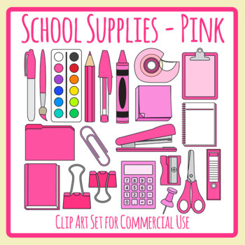 School Supplies Pink - Back to School Stationary Clip Art by