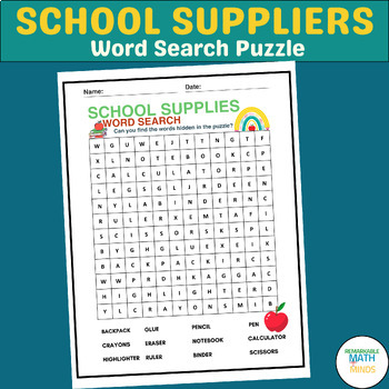 Preview of School Supplies Word Search Worksheet - Fun Activity