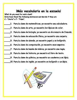 school supplies and subjects spanish vocabulary worksheet packet