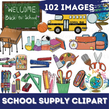 Preview of School Supply Clipart | Back to School Clip art in BW & color 102 PNG files