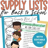 School Supply List Editable Template - Color and Black and White