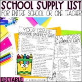 School Supply List Editable Templates for 1 Classroom or E