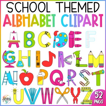 Preview of School Themed Alphabet Clipart | A to Z Bright Colors | Classroom Decor