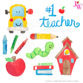 School Time Watercolor Digital Clipart, Cute Hand Painted 