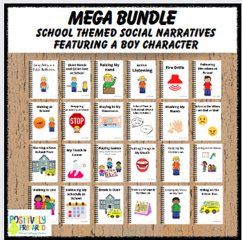 Preview of School Themed Social Narratives Mega Bundle- featuring a boy character