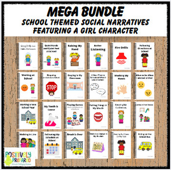 Preview of School Themed Social Narratives Mega Bundle- featuring a girl character