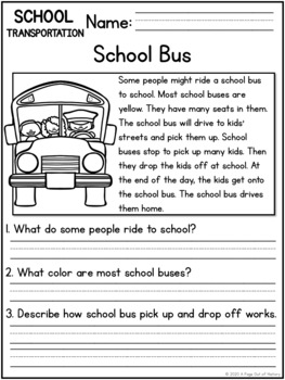 school transportation reading comprehension passages k 2 distance