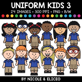 Preview of School Uniform Kids Clipart 3 + FREE Blacklines - Commercial Use