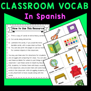 Preview of School Supplies and Classroom Vocabulary Cards in Spanish with matching game