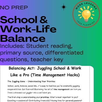Preview of School & Work-Life Balance: Teen Work Advice Reading Comprehension Worksheet