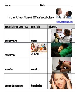 Preview of School nurse vocabulary in English/Spanish with pictures