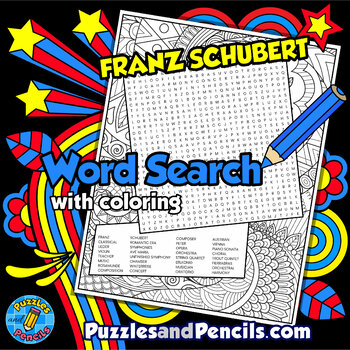 Preview of Schubert Word Search Puzzle Activity with Coloring | Famous Music Composers