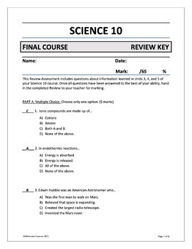 Preview of Science 10 Units 3, 4, & 5: FINAL COURSE REVIEW ASSESSMENT KEY (digital)