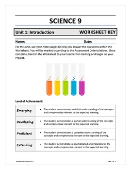 Preview of Science 9 Unit 1: Introduction WORKSHEET KEY (digital)